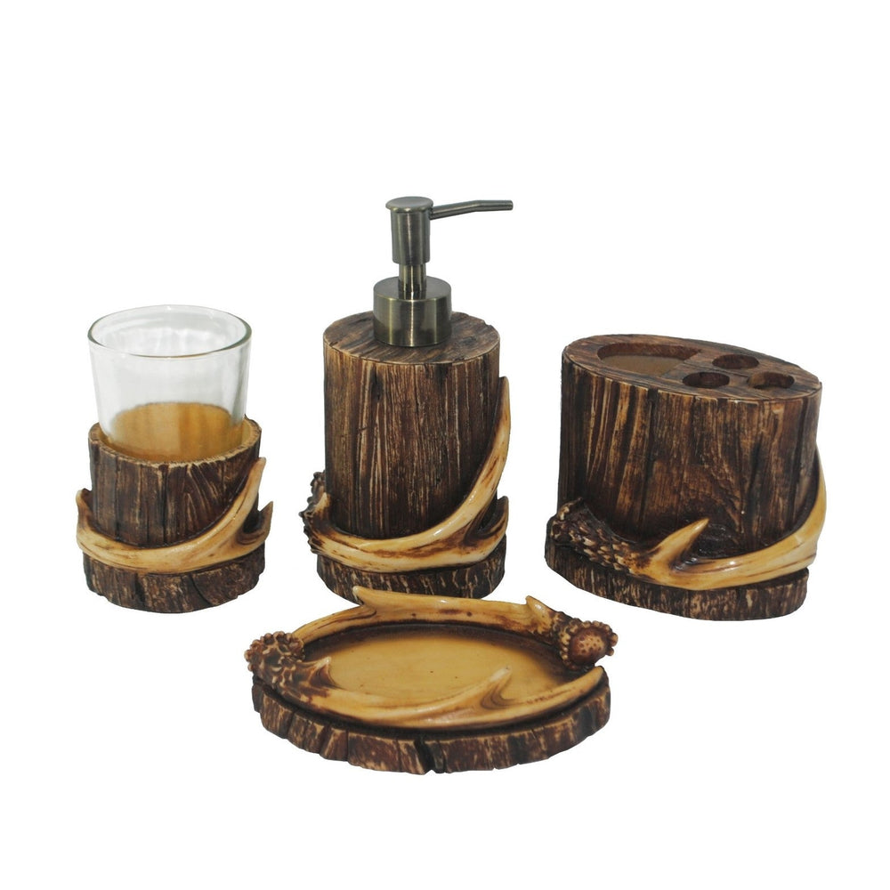 Hiend Accents Antler Countertop Bathroom Set - Rustic 4-piece Decor For Nature-inspired Lodge Interiors Brown Resin Ld6100