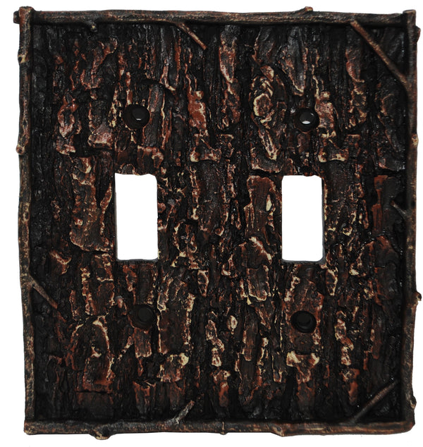 Hiend Accents Pine Bark Double Wall Switch Plate Cover - Rustic Nature-inspired Decor For Home Elegance Multi Resin Ld8204-ds-oc
