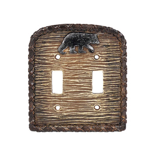 Hiend Accents Bear Double Wall Switch Plate – Rustic Lodge Decor With Black Bear Emblem And Tree Bark Design Multi Resin Ld8206-ds-oc
