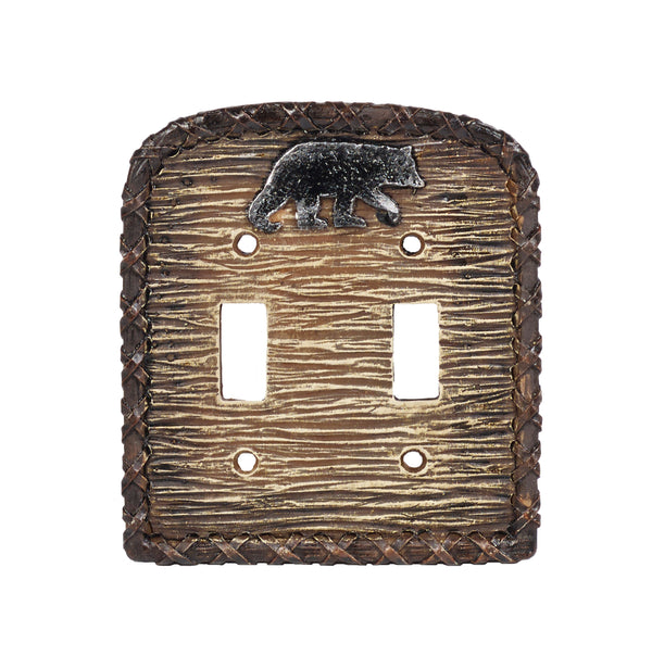 Hiend Accents Bear Double Wall Switch Plate – Rustic Lodge Decor With Black Bear Emblem And Tree Bark Design Multi Resin Ld8206-ds-oc