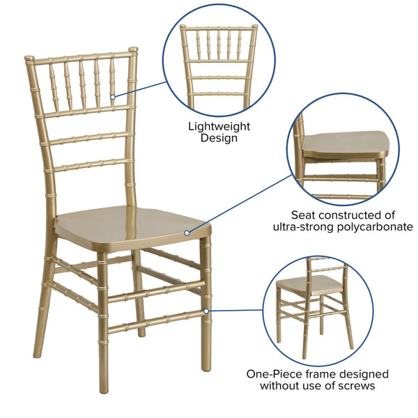 English Elm HERCULES Premium Stacking Chiavari Chair - Elegant Resin Seating for Weddings, Events & Rentals Gold LE-GOLD-GG