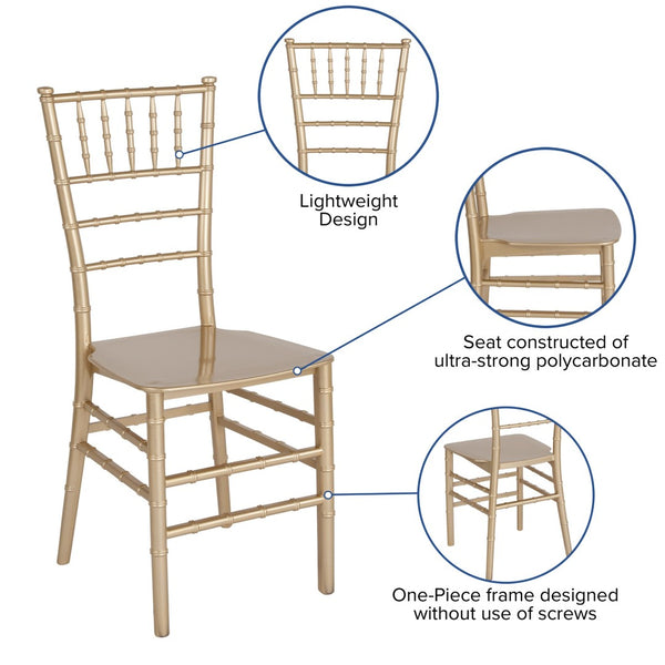 English Elm HERCULES Series Stacking Chiavari Chair - Elegant, Durable Seating for Events with Compact Storage Options Gold LE-GOLD-M-GG