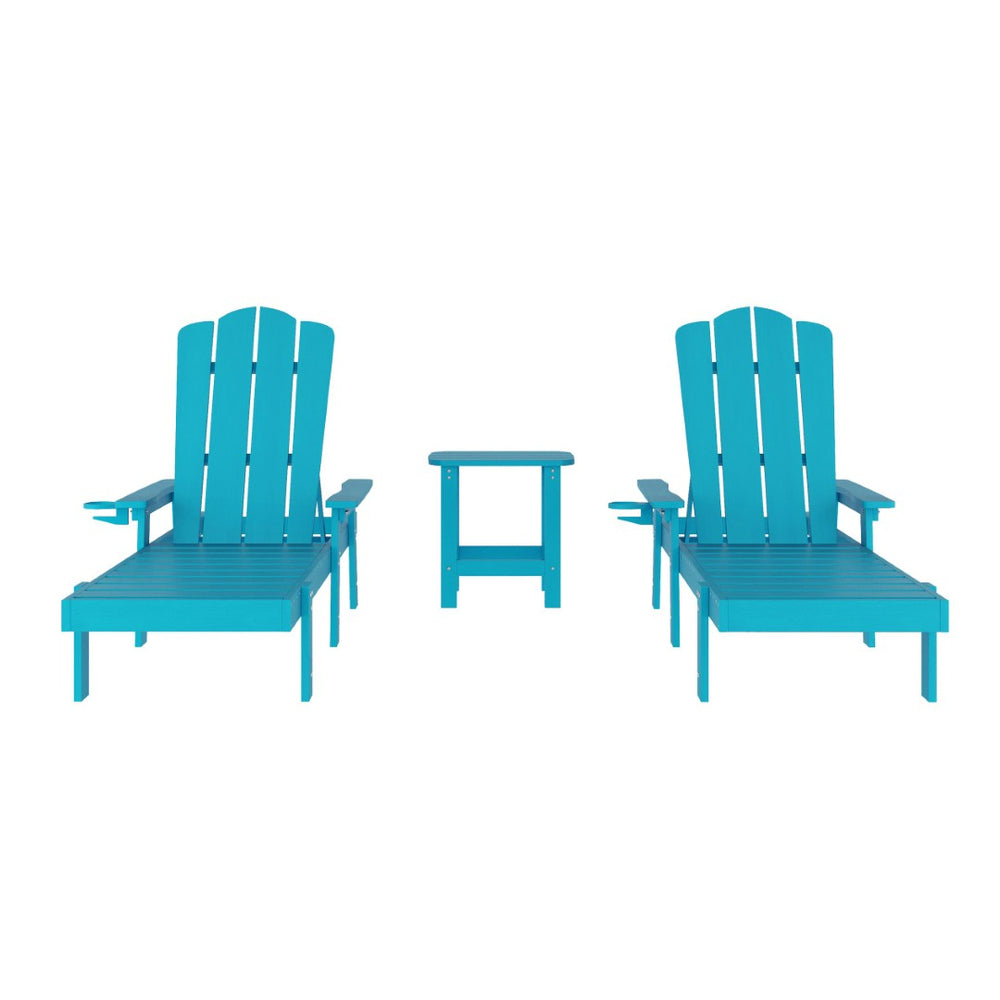 English Elm Sonora Commercial-Grade 3-Piece Adirondack Set with Adjustable Loungers and Side Table for Relaxation Blue LE-HMP-070-1035-BL-GG