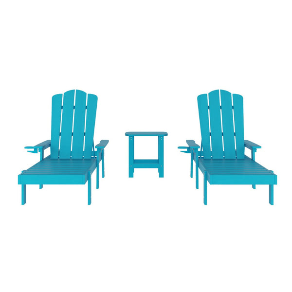English Elm Sonora Commercial-Grade 3-Piece Adirondack Set with Adjustable Loungers and Side Table for Relaxation Blue LE-HMP-070-1035-BL-GG