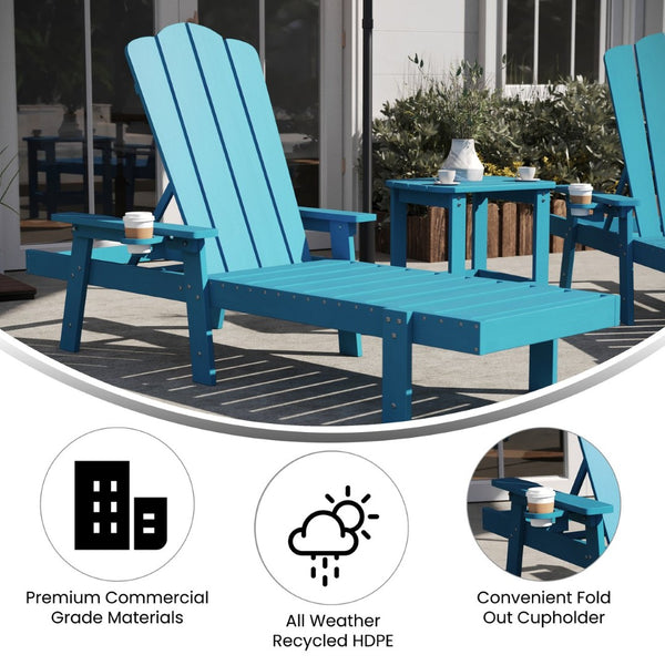 English Elm Sonora Commercial-Grade 3-Piece Adirondack Set with Adjustable Loungers and Side Table for Relaxation Blue LE-HMP-070-1035-BL-GG