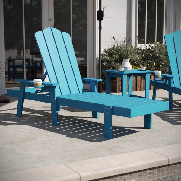 English Elm Sonora Commercial-Grade 3-Piece Adirondack Set with Adjustable Loungers and Side Table for Relaxation Blue LE-HMP-070-1035-BL-GG