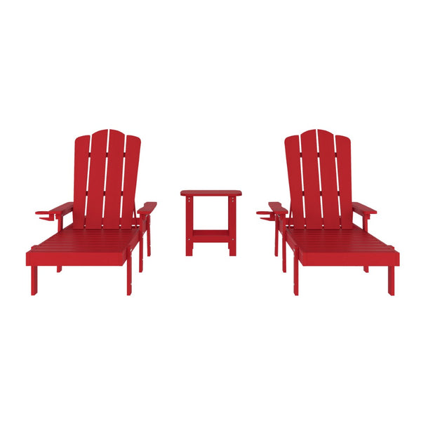 English Elm Sonora Commercial-Grade 3-Piece Adirondack Set with Adjustable Loungers and Side Table for Relaxation Red LE-HMP-070-1035-RD-GG