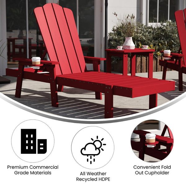 English Elm Sonora Commercial-Grade 3-Piece Adirondack Set with Adjustable Loungers and Side Table for Relaxation Red LE-HMP-070-1035-RD-GG
