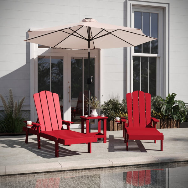 English Elm Sonora Commercial-Grade 3-Piece Adirondack Set with Adjustable Loungers and Side Table for Relaxation Red LE-HMP-070-1035-RD-GG