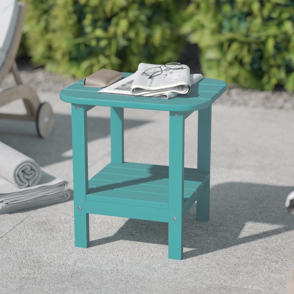 English Elm Newport HDPE 2-Tier Adirondack Side Table - Stylish All-Weather Accent for Indoor and Outdoor Spaces Blue LE-HMP-1035-1517H-BL-GG
