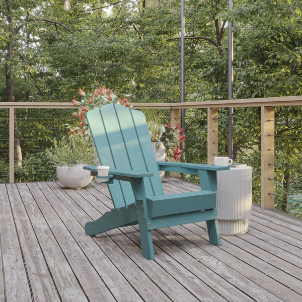 English Elm Newport Adirondack Chair - Durable, Weather-Resistant HDPE with Convenient Cup Holder for Comfort Blue LE-HMP-1044-10-BL-GG