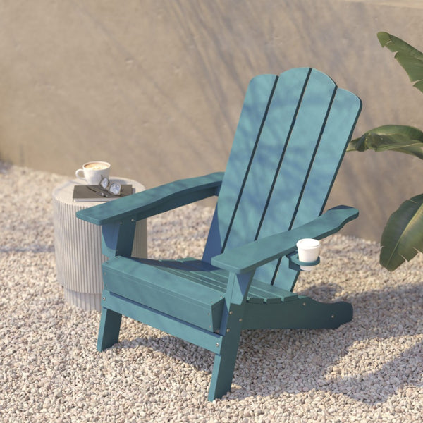 English Elm Newport Adirondack Chair - Durable, Weather-Resistant HDPE with Convenient Cup Holder for Comfort Blue LE-HMP-1044-10-BL-GG