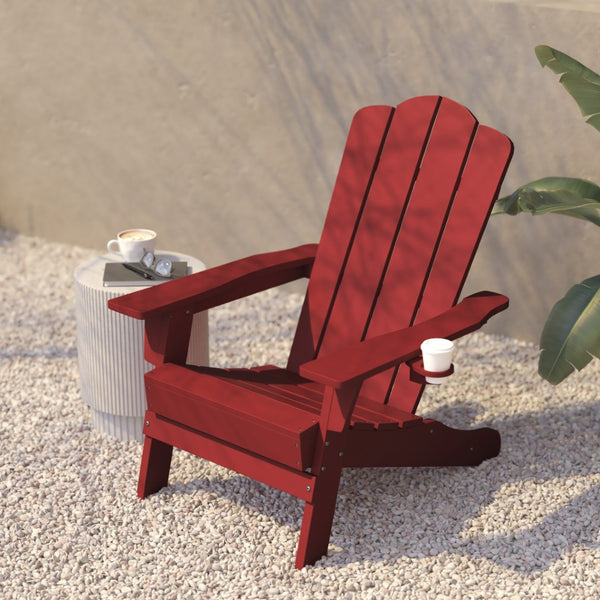 English Elm Newport Adirondack Chair - Durable, Weather-Resistant HDPE with Convenient Cup Holder for Comfort Red LE-HMP-1044-10-RD-GG