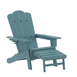 English Elm Newport Adirondack Chair with Cup Holder & Pull-Out Ottoman for Ultimate Indoor/Outdoor Relaxation Blue LE-HMP-1044-110-BL-GG