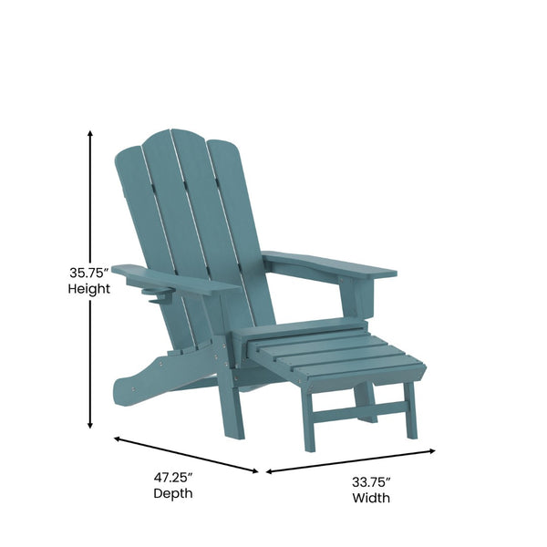 English Elm Newport Adirondack Chair with Cup Holder & Pull-Out Ottoman for Ultimate Indoor/Outdoor Relaxation Blue LE-HMP-1044-110-BL-GG