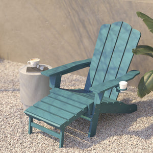 English Elm Newport Adirondack Chair with Cup Holder & Pull-Out Ottoman for Ultimate Indoor/Outdoor Relaxation Blue LE-HMP-1044-110-BL-GG