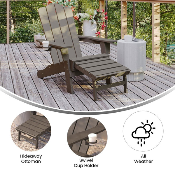English Elm Newport Adirondack Chair with Cup Holder & Pull-Out Ottoman for Ultimate Indoor/Outdoor Relaxation Brown LE-HMP-1044-110-BR-GG