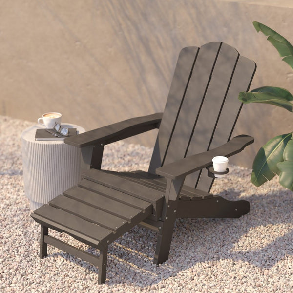 English Elm Newport Adirondack Chair with Cup Holder & Pull-Out Ottoman for Ultimate Indoor/Outdoor Relaxation Brown LE-HMP-1044-110-BR-GG