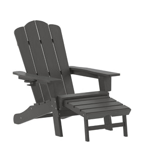 English Elm Newport Adirondack Chair with Cup Holder & Pull-Out Ottoman for Ultimate Indoor/Outdoor Relaxation Gray LE-HMP-1044-110-GY-GG