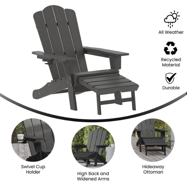 English Elm Newport Adirondack Chair with Cup Holder & Pull-Out Ottoman for Ultimate Indoor/Outdoor Relaxation Gray LE-HMP-1044-110-GY-GG
