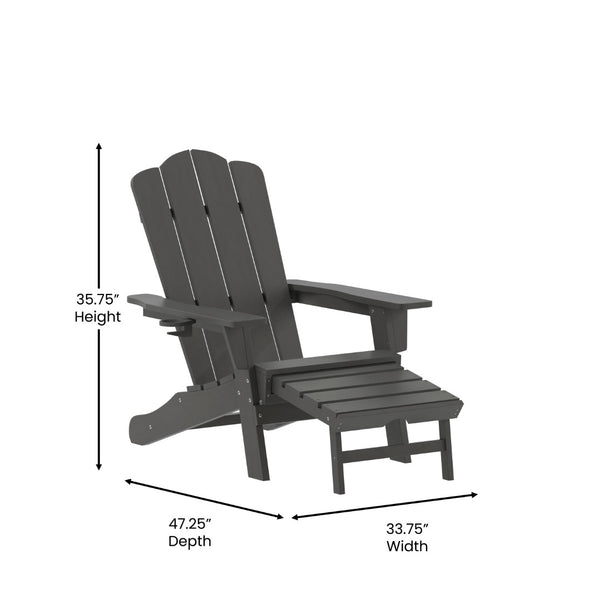 English Elm Newport Adirondack Chair with Cup Holder & Pull-Out Ottoman for Ultimate Indoor/Outdoor Relaxation Gray LE-HMP-1044-110-GY-GG