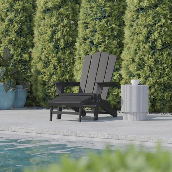 English Elm Newport Adirondack Chair with Cup Holder & Pull-Out Ottoman for Ultimate Indoor/Outdoor Relaxation Gray LE-HMP-1044-110-GY-GG