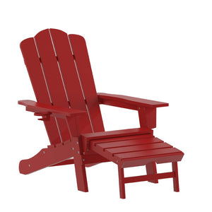 English Elm Newport Adirondack Chair with Cup Holder & Pull-Out Ottoman for Ultimate Indoor/Outdoor Relaxation Red LE-HMP-1044-110-RD-GG
