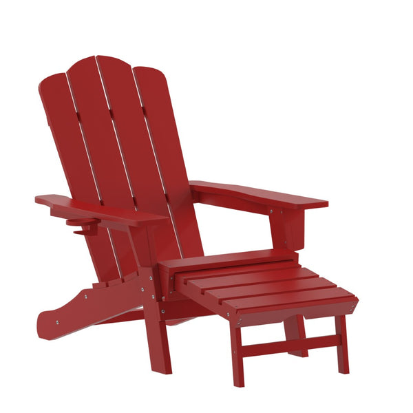 English Elm Newport Adirondack Chair with Cup Holder & Pull-Out Ottoman for Ultimate Indoor/Outdoor Relaxation Red LE-HMP-1044-110-RD-GG