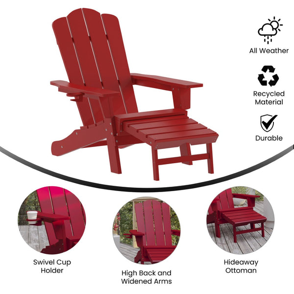 English Elm Newport Adirondack Chair with Cup Holder & Pull-Out Ottoman for Ultimate Indoor/Outdoor Relaxation Red LE-HMP-1044-110-RD-GG