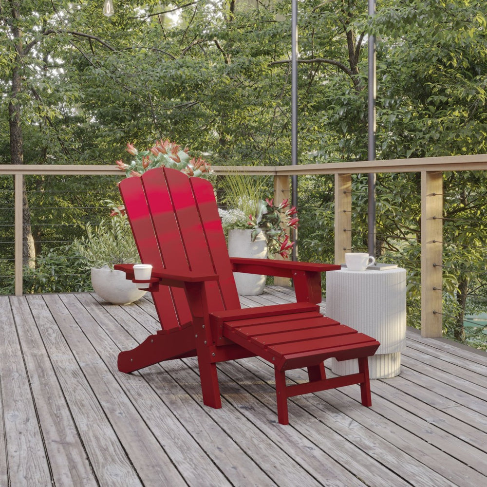 English Elm Newport Adirondack Chair with Cup Holder & Pull-Out Ottoman for Ultimate Indoor/Outdoor Relaxation Red LE-HMP-1044-110-RD-GG