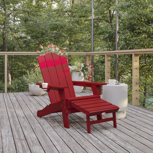 English Elm Newport Adirondack Chair with Cup Holder & Pull-Out Ottoman for Ultimate Indoor/Outdoor Relaxation Red LE-HMP-1044-110-RD-GG