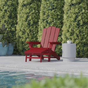 English Elm Newport Adirondack Chair with Cup Holder & Pull-Out Ottoman for Ultimate Indoor/Outdoor Relaxation Red LE-HMP-1044-110-RD-GG