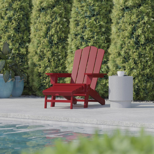 English Elm Newport Adirondack Chair with Cup Holder & Pull-Out Ottoman for Ultimate Indoor/Outdoor Relaxation Red LE-HMP-1044-110-RD-GG