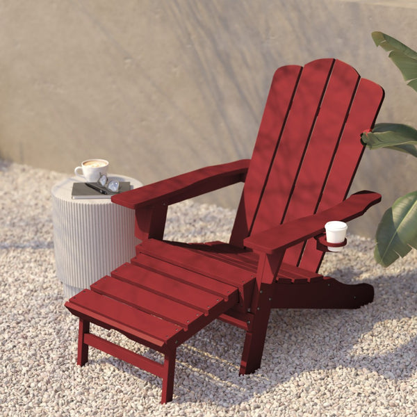 English Elm Newport Adirondack Chair with Cup Holder & Pull-Out Ottoman for Ultimate Indoor/Outdoor Relaxation Red LE-HMP-1044-110-RD-GG