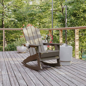 English Elm Newport Adirondack Rocking Chair - Weather-Resistant HDPE with Cup Holder for Comfort & Style Brown LE-HMP-1044-31-BR-GG