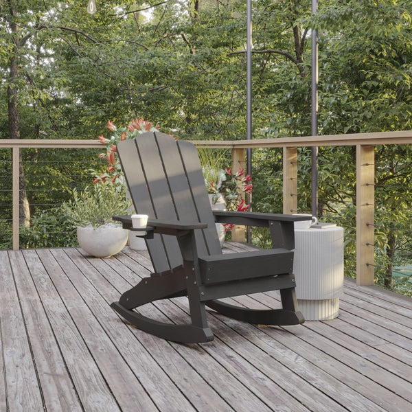 English Elm Newport Adirondack Rocking Chair - Weather-Resistant HDPE with Cup Holder for Comfort & Style Gray LE-HMP-1044-31-GY-GG