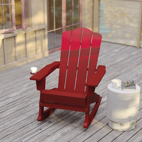 English Elm Newport Adirondack Rocking Chair - Weather-Resistant HDPE with Cup Holder for Comfort & Style Red LE-HMP-1044-31-RD-GG