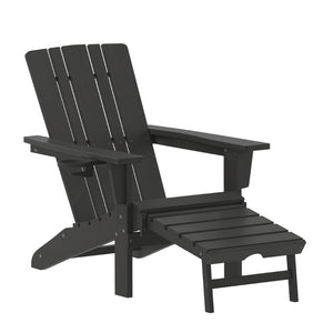 English Elm Halifax HDPE Adirondack Chair with Pull-Out Ottoman & Cup Holder for Year-Round Indoor/Outdoor Use Black LE-HMP-1045-110-BK-GG