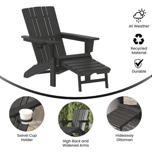 English Elm Halifax HDPE Adirondack Chair with Pull-Out Ottoman & Cup Holder for Year-Round Indoor/Outdoor Use Black LE-HMP-1045-110-BK-GG