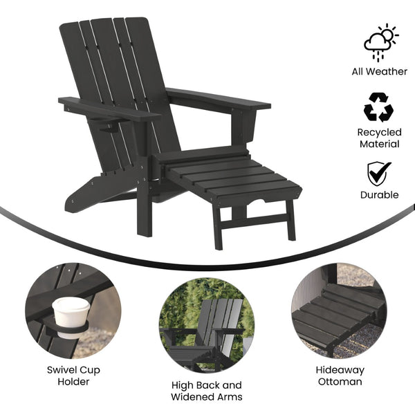 English Elm Halifax HDPE Adirondack Chair with Pull-Out Ottoman & Cup Holder for Year-Round Indoor/Outdoor Use Black LE-HMP-1045-110-BK-GG