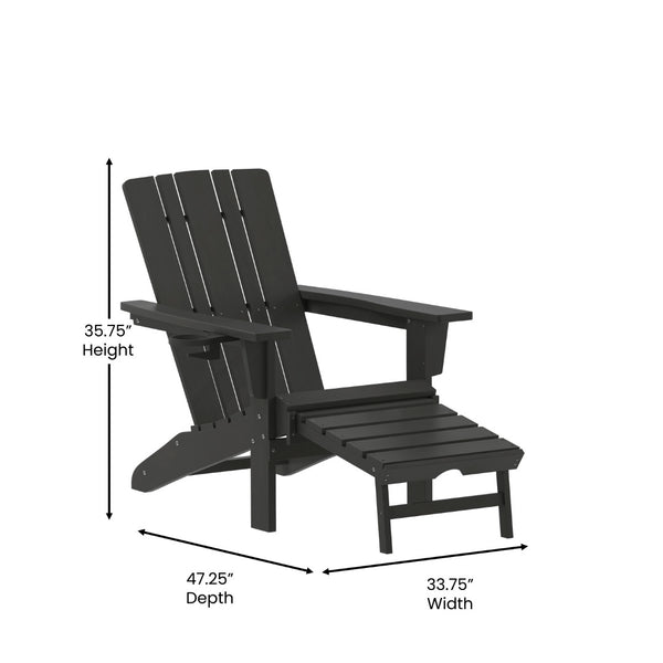 English Elm Halifax HDPE Adirondack Chair with Pull-Out Ottoman & Cup Holder for Year-Round Indoor/Outdoor Use Black LE-HMP-1045-110-BK-GG