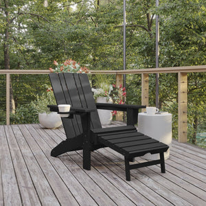 English Elm Halifax HDPE Adirondack Chair with Pull-Out Ottoman & Cup Holder for Year-Round Indoor/Outdoor Use Black LE-HMP-1045-110-BK-GG