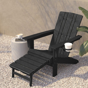English Elm Halifax HDPE Adirondack Chair with Pull-Out Ottoman & Cup Holder for Year-Round Indoor/Outdoor Use Black LE-HMP-1045-110-BK-GG