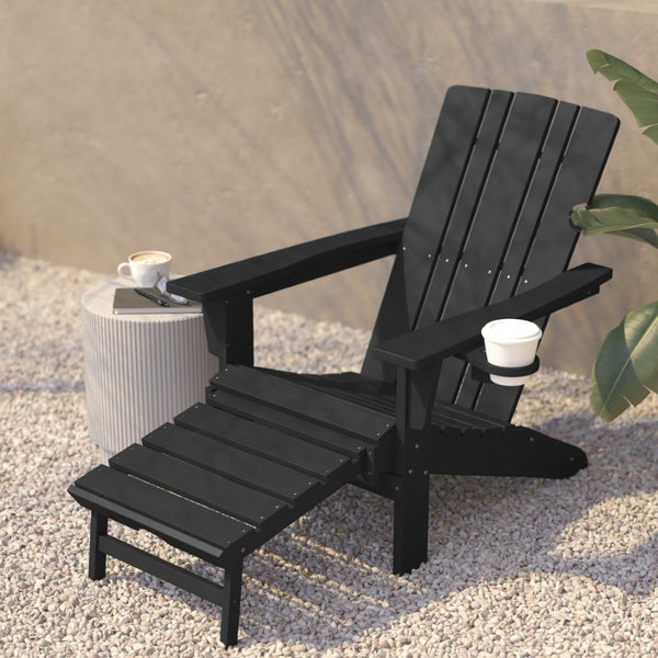 English Elm Halifax HDPE Adirondack Chair with Pull-Out Ottoman & Cup Holder for Year-Round Indoor/Outdoor Use Black LE-HMP-1045-110-BK-GG
