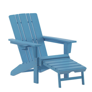 English Elm Halifax HDPE Adirondack Chair with Pull-Out Ottoman & Cup Holder for Year-Round Indoor/Outdoor Use Blue LE-HMP-1045-110-BL-GG