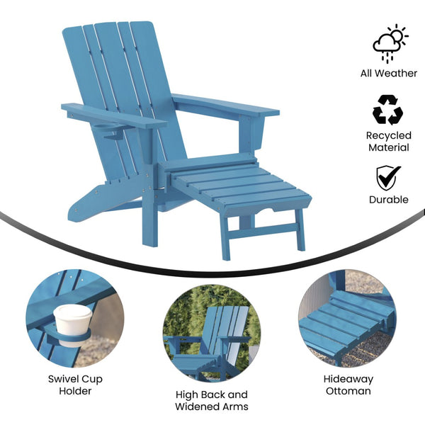 English Elm Halifax HDPE Adirondack Chair with Pull-Out Ottoman & Cup Holder for Year-Round Indoor/Outdoor Use Blue LE-HMP-1045-110-BL-GG
