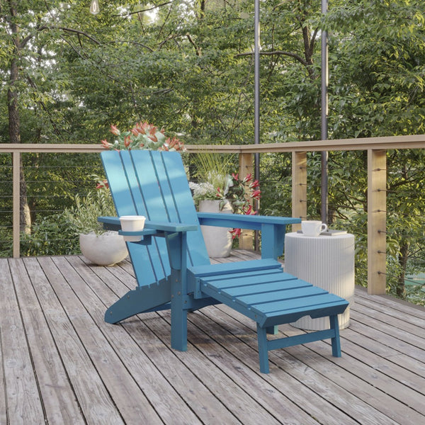 English Elm Halifax HDPE Adirondack Chair with Pull-Out Ottoman & Cup Holder for Year-Round Indoor/Outdoor Use Blue LE-HMP-1045-110-BL-GG