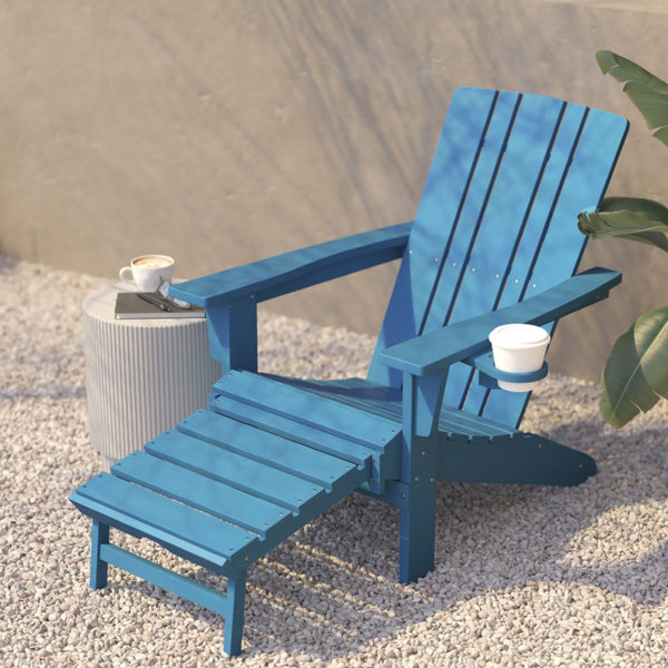 English Elm Halifax HDPE Adirondack Chair with Pull-Out Ottoman & Cup Holder for Year-Round Indoor/Outdoor Use Blue LE-HMP-1045-110-BL-GG