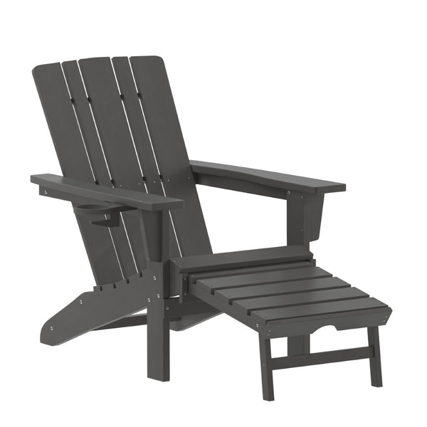 English Elm Halifax HDPE Adirondack Chair with Pull-Out Ottoman & Cup Holder for Year-Round Indoor/Outdoor Use Gray LE-HMP-1045-110-GY-GG