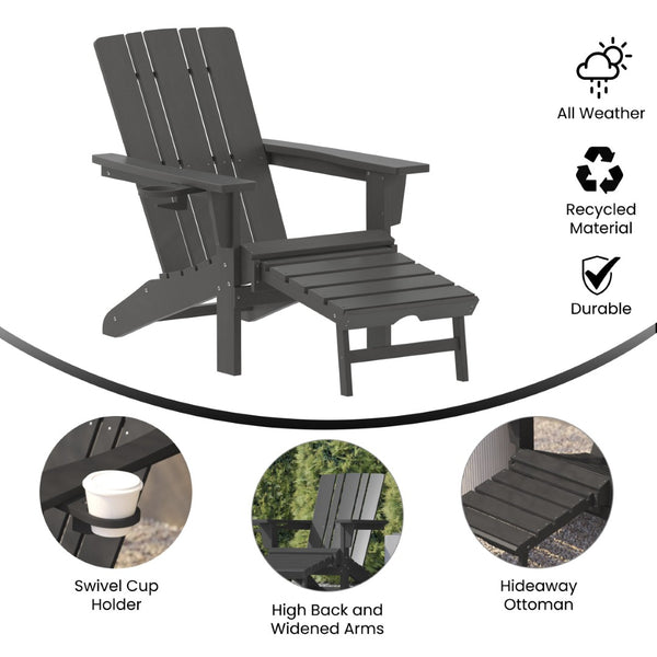 English Elm Halifax HDPE Adirondack Chair with Pull-Out Ottoman & Cup Holder for Year-Round Indoor/Outdoor Use Gray LE-HMP-1045-110-GY-GG